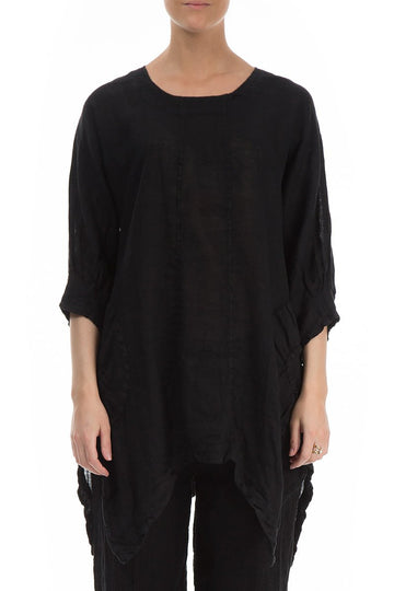 Asymmetrical Hem Black Linen Tunic