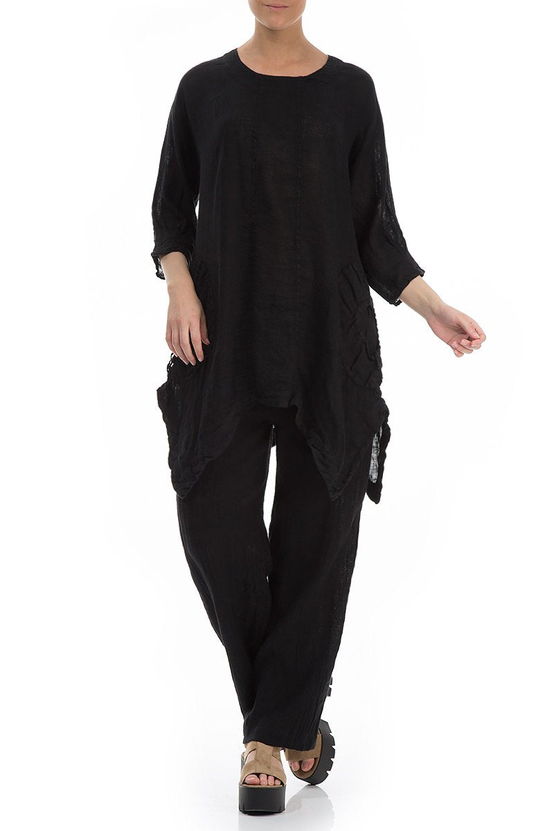 Asymmetrical Hem Black Linen Tunic