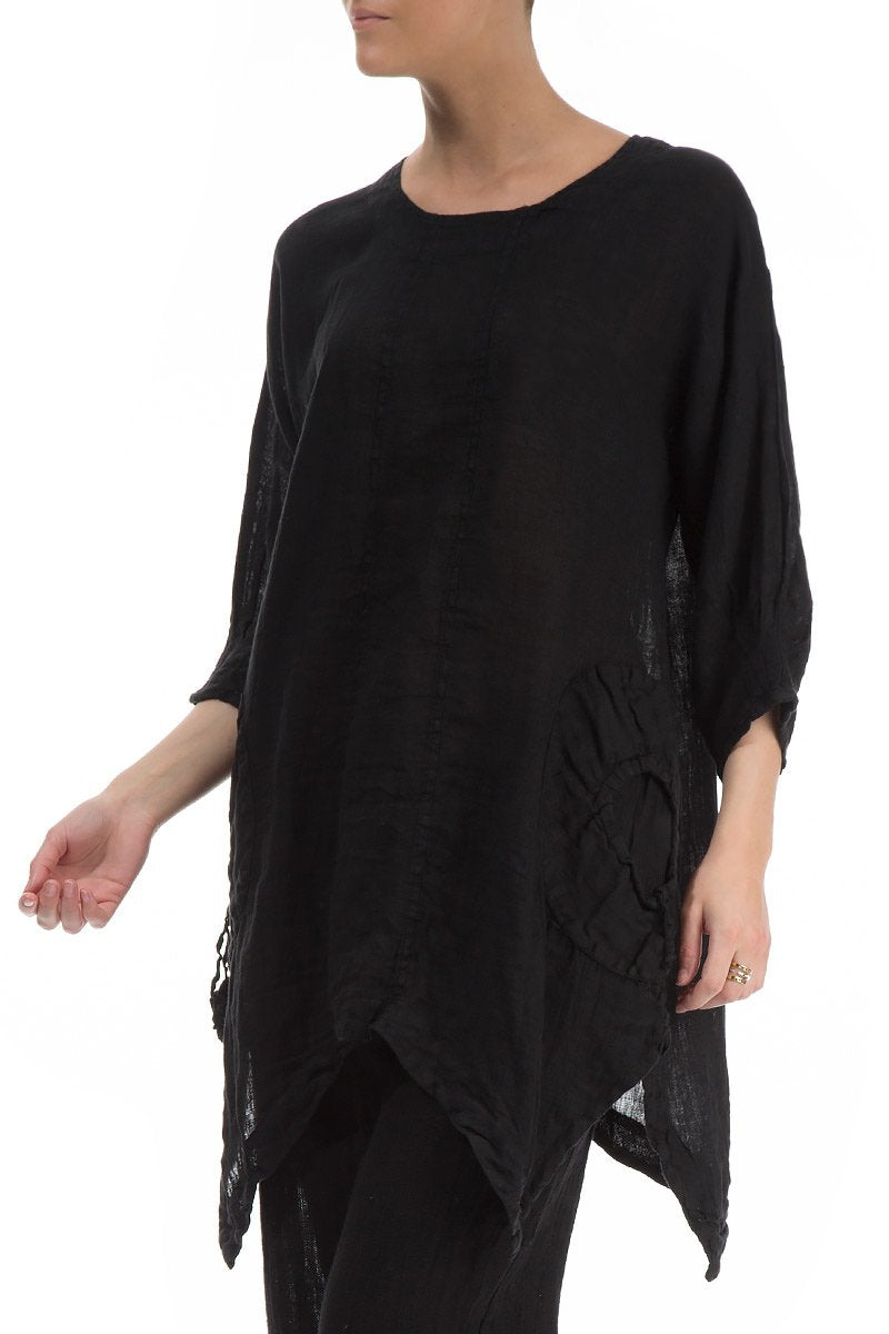 Asymmetrical Hem Black Linen Tunic