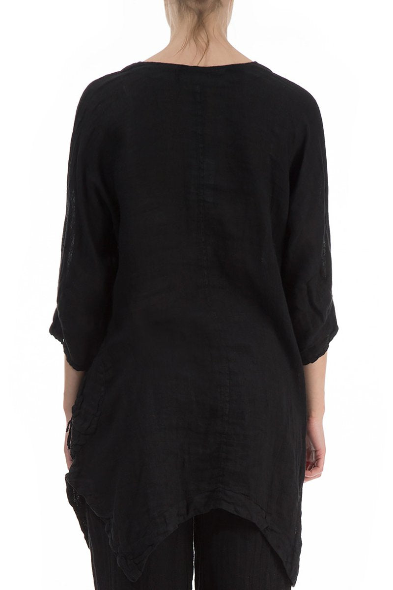 Asymmetrical Hem Black Linen Tunic