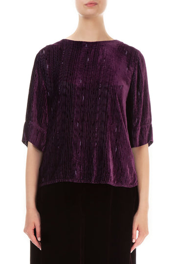 Back Ribbon Devoré Stripes Aubergine Silk Velvet Blouse
