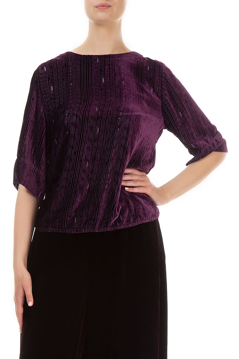Back Ribbon Devoré Stripes Aubergine Silk Velvet Blouse