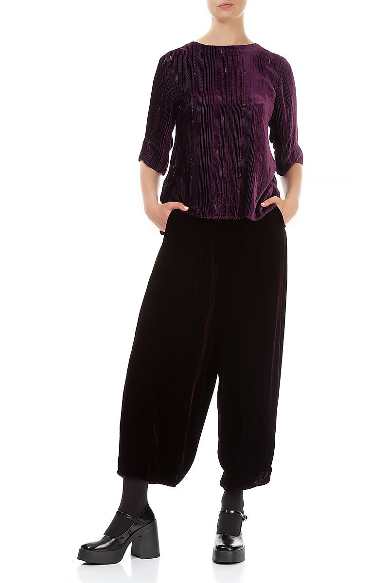 Back Ribbon Devoré Stripes Aubergine Silk Velvet Blouse