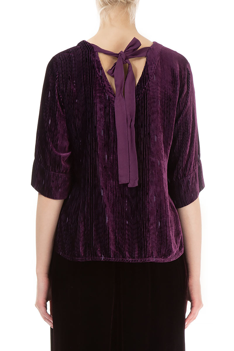 Back Ribbon Devoré Stripes Aubergine Silk Velvet Blouse