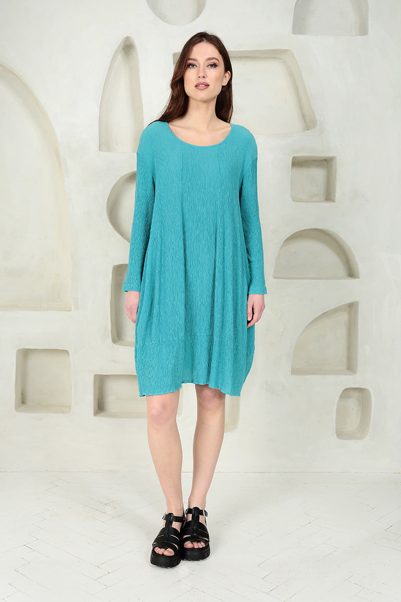 Balloon Crinkled Bright Turquoise Silk Dress