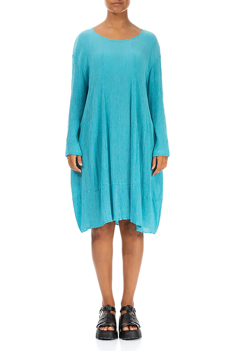 Balloon Crinkled Bright Turquoise Silk Dress