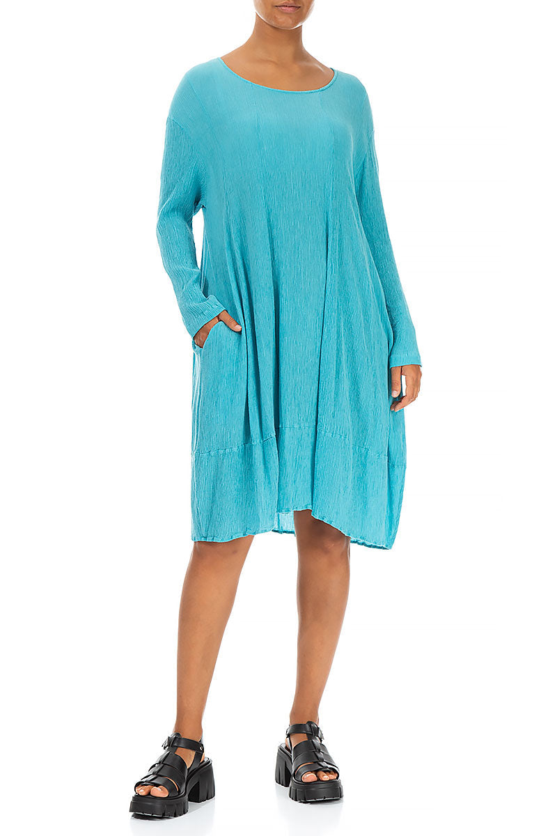 Balloon Crinkled Bright Turquoise Silk Dress