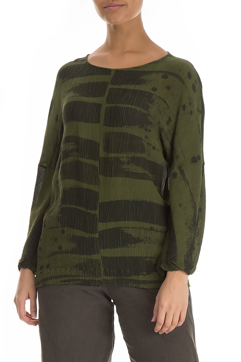 Boxy Khaki Print Silk Viscose Blouse