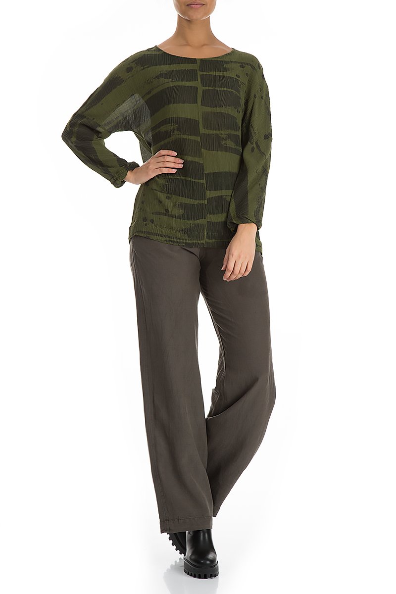 Boxy Khaki Print Silk Viscose Blouse