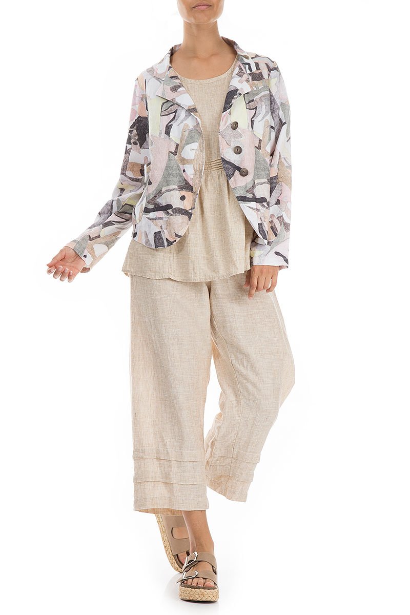 Buttoned Pastel Art Linen Jacket