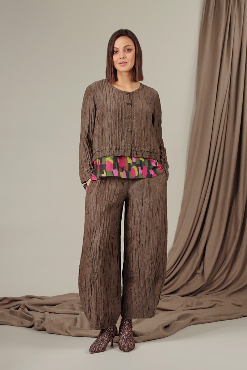 Buttons Crinkled Chocolate Silk Jacket