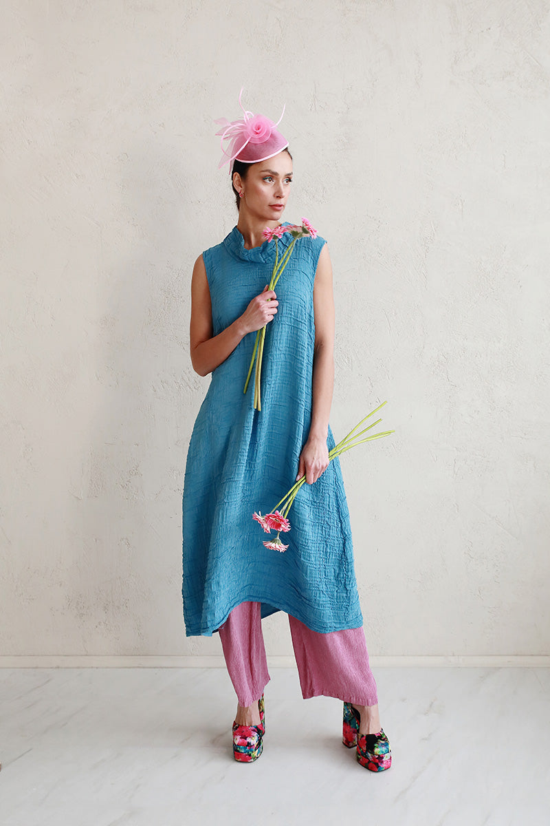 Cowl Neck Crinkled Denim Silk Dress