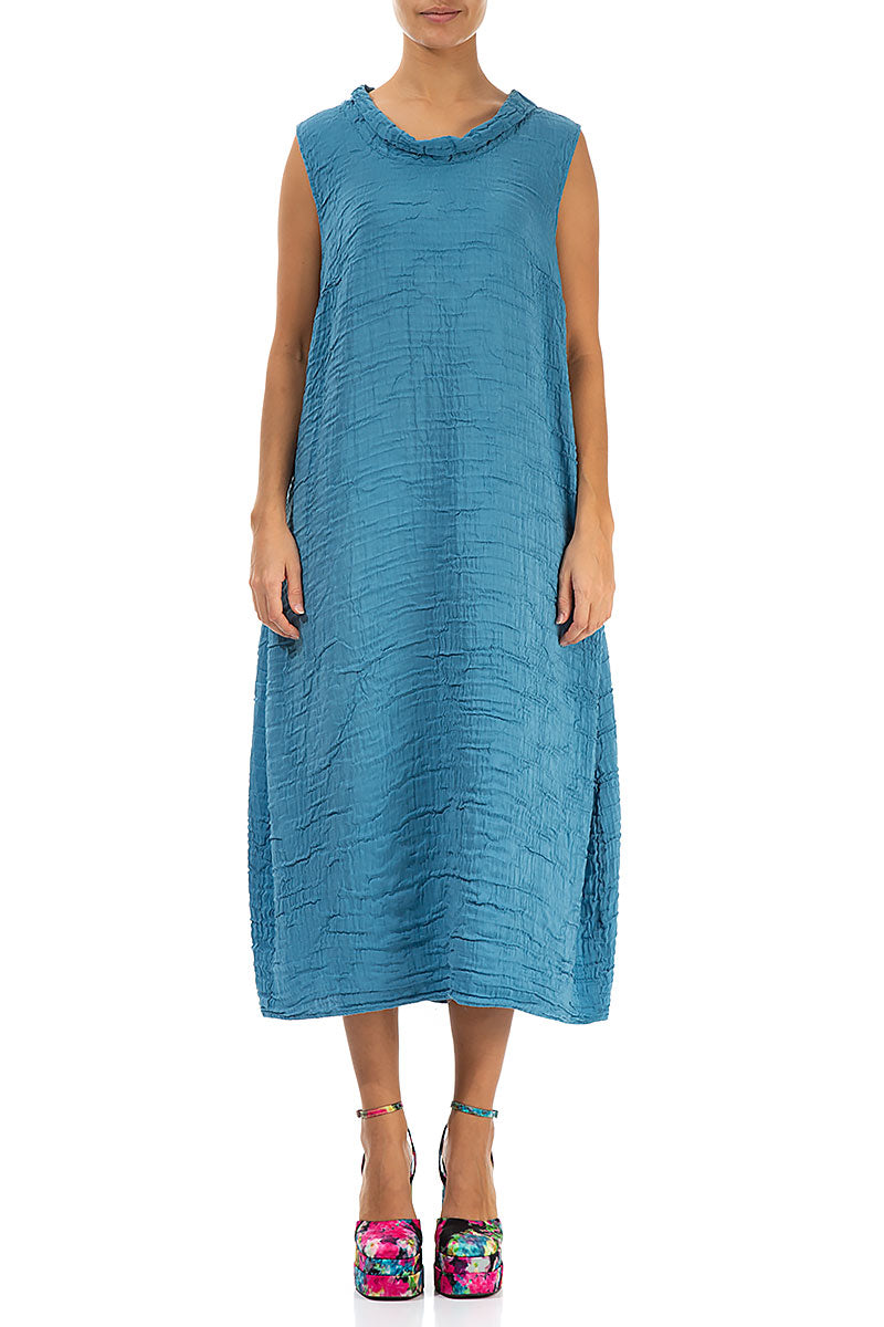 Cowl Neck Crinkled Denim Silk Dress