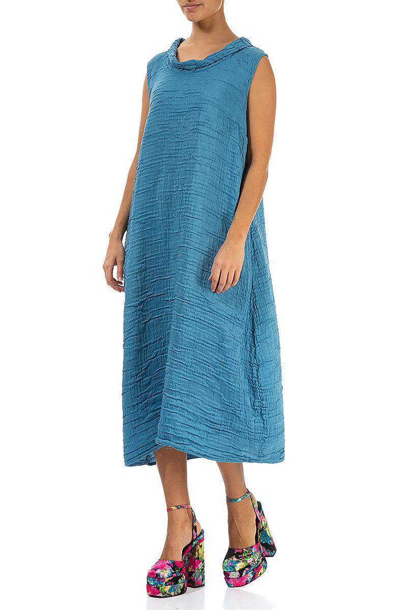 Cowl Neck Crinkled Denim Silk Dress