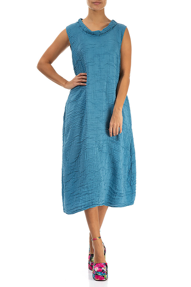 Cowl Neck Crinkled Denim Silk Dress