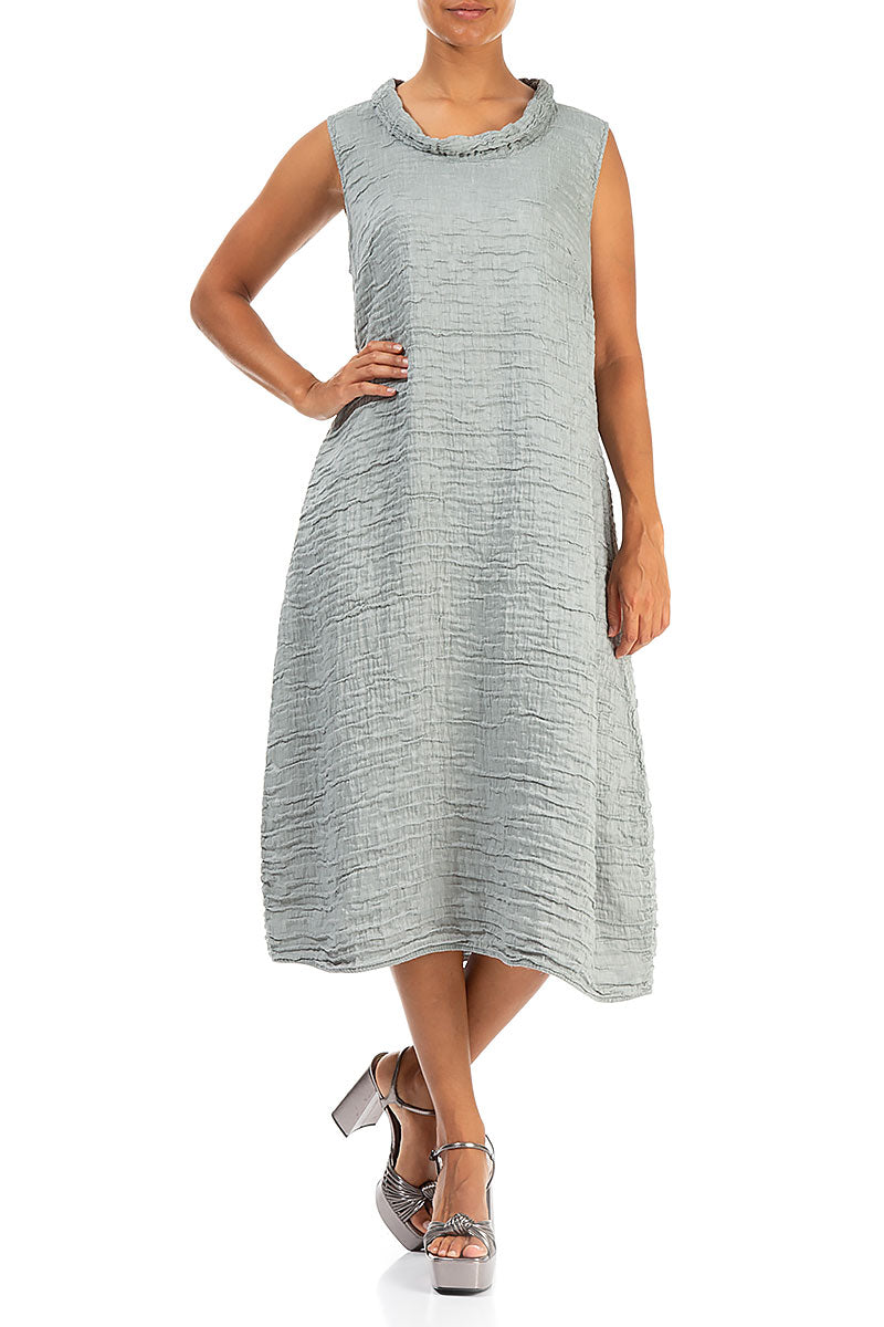 Cowl Neck Crinkled Sage Silk Dress