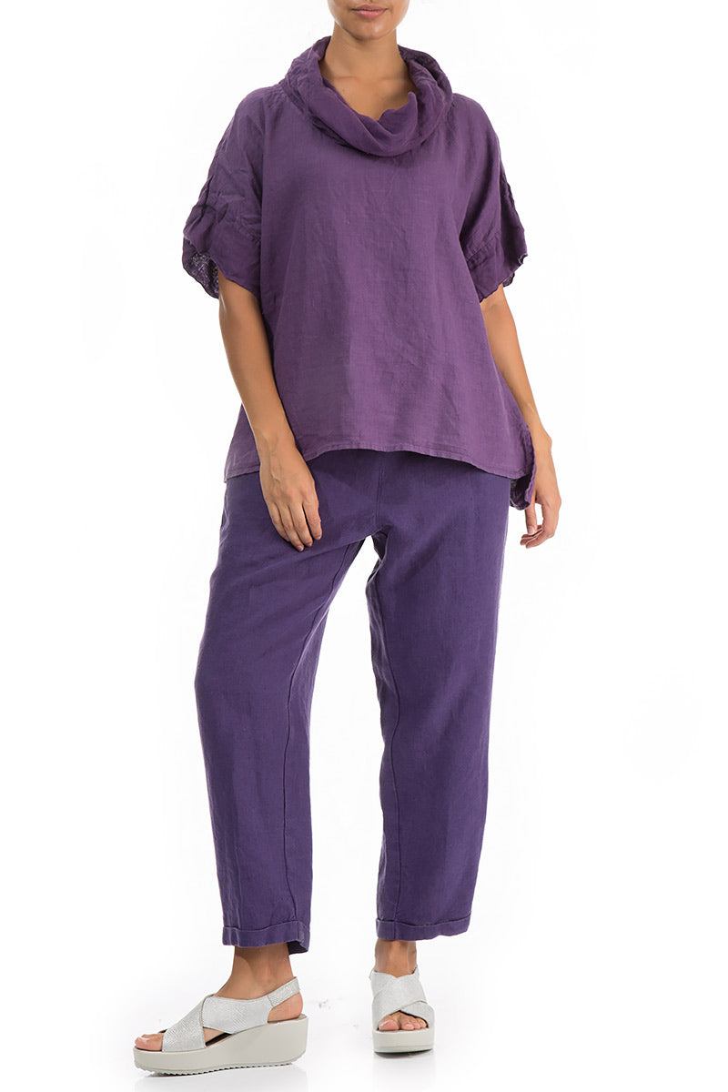 Cowl Neck Dark Purple Linen Blouse