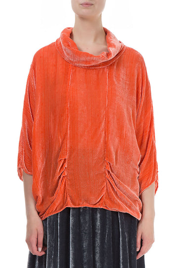 Cowl Neck Devoré Stripes Burnt Orange Silk Velvet Blouse