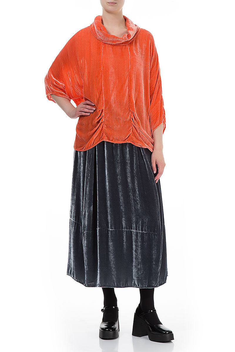 Cowl Neck Devoré Stripes Burnt Orange Silk Velvet Blouse