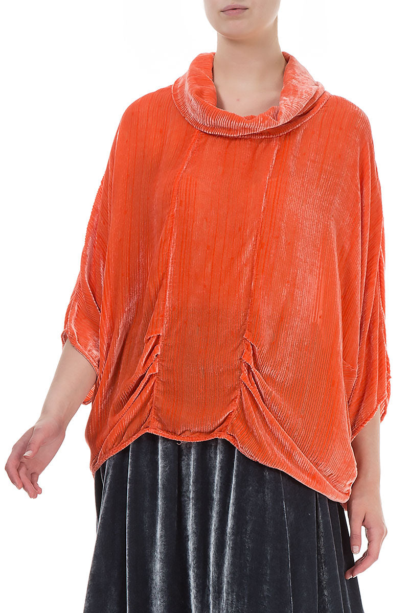 Cowl Neck Devoré Stripes Burnt Orange Silk Velvet Blouse