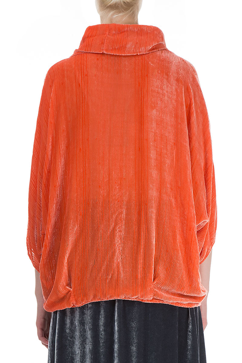 Cowl Neck Devoré Stripes Burnt Orange Silk Velvet Blouse