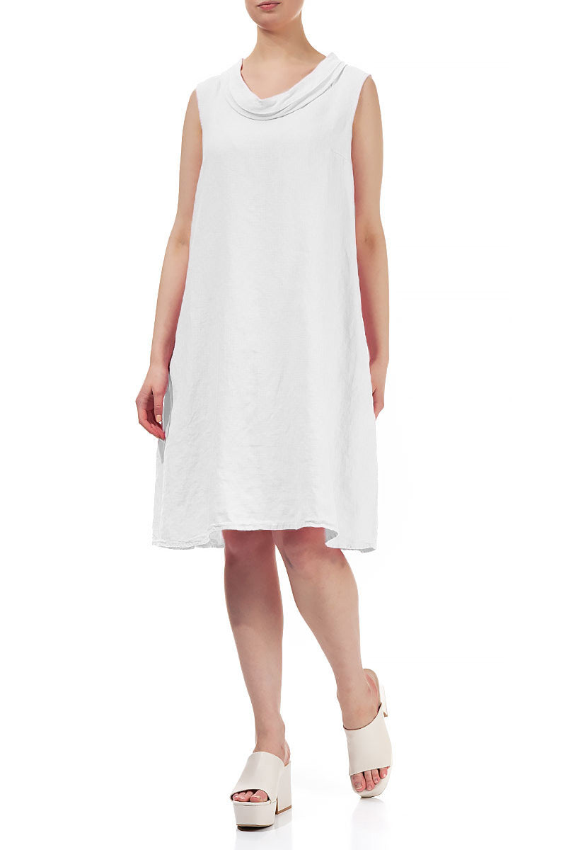Cowl Neck White Linen Midi Dress