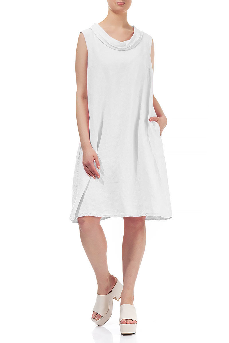 Cowl Neck White Linen Midi Dress
