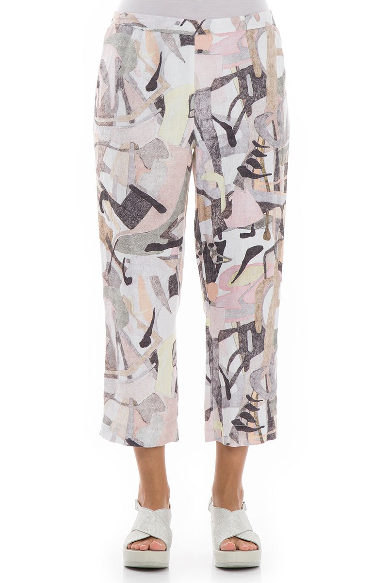 Cropped Pastel Art Linen Trousers
