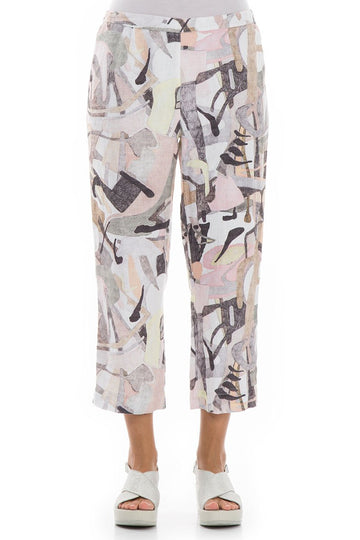Cropped Pastel Art Linen Trousers