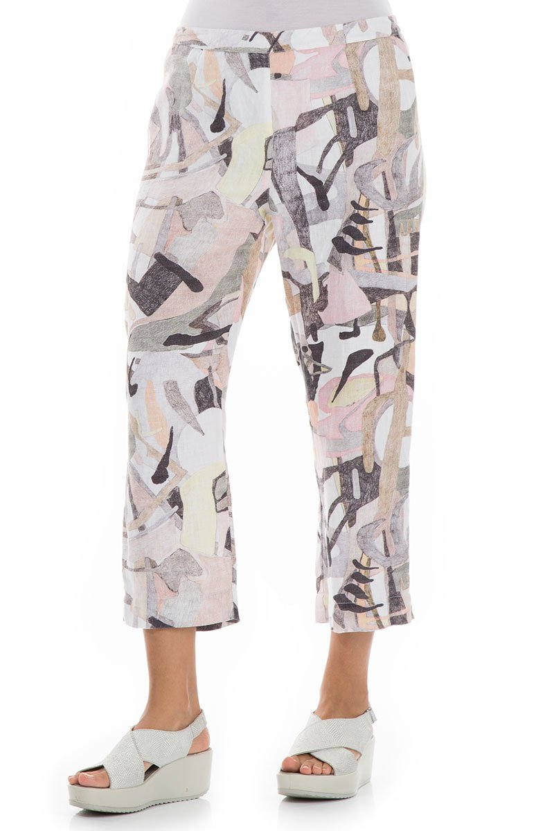 Cropped Pastel Art Linen Trousers