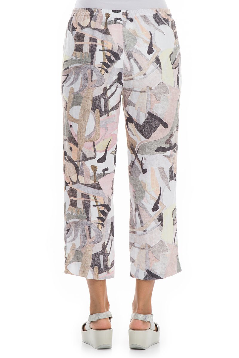 Cropped Pastel Art Linen Trousers