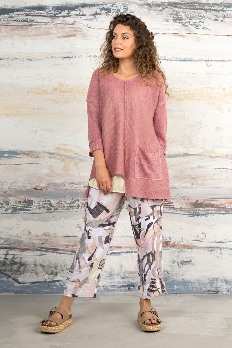 Cropped Pastel Art Linen Trousers