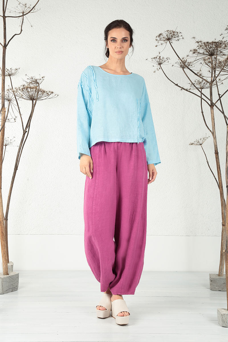 Decorated Boxy Baby Blue Linen Blouse