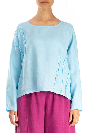 Decorated Boxy Baby Blue Linen Blouse