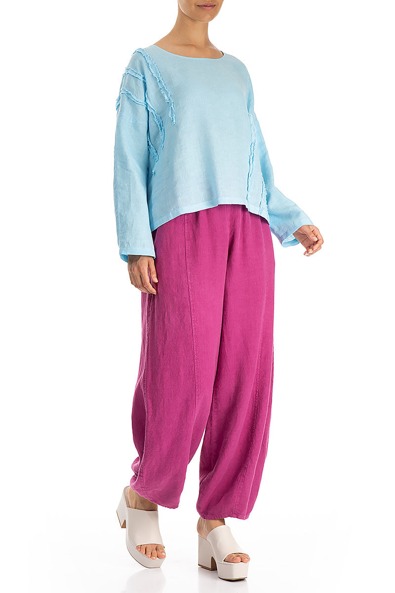 Decorated Boxy Baby Blue Linen Blouse