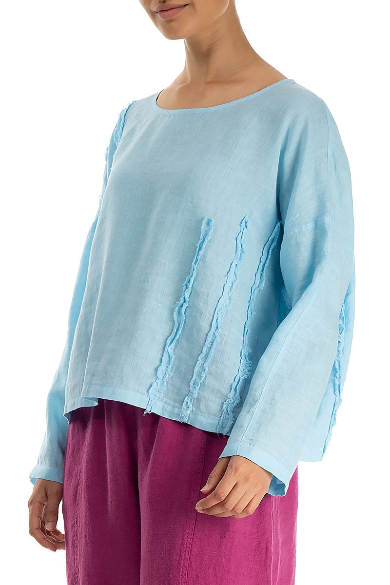 Decorated Boxy Baby Blue Linen Blouse