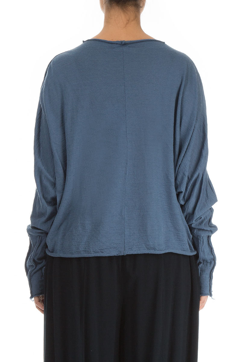 Detailed Sleeves Blue Pure Wool Jumper