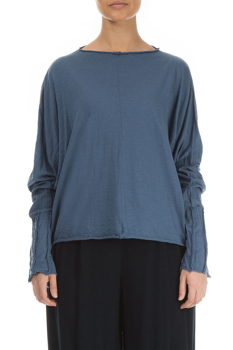 Detailed Sleeves Blue Pure Wool Jumper