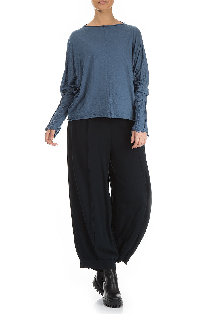 Detailed Sleeves Blue Pure Wool Jumper