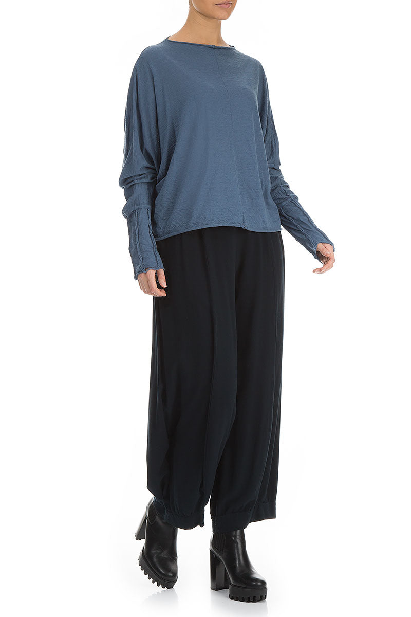 Detailed Sleeves Blue Pure Wool Jumper