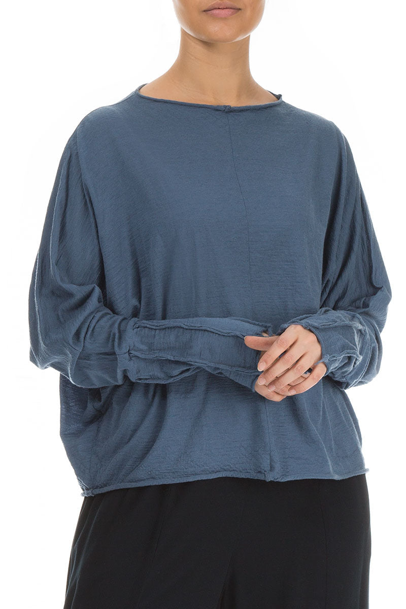 Detailed Sleeves Blue Pure Wool Jumper