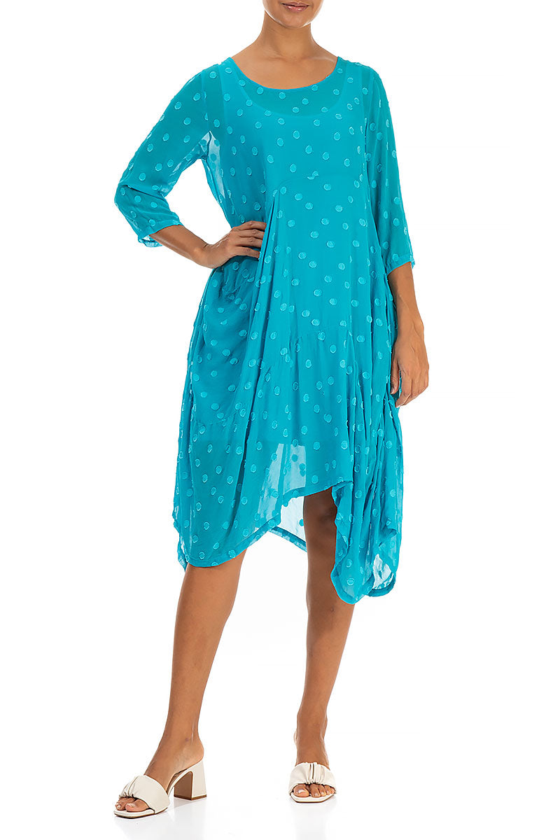 Draped Bright Turquoise Dotty Silk Dress