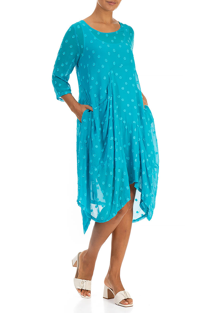 Draped Bright Turquoise Dotty Silk Dress