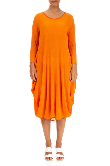 Draped Crinkled Neon Orange Silk Viscose Dress