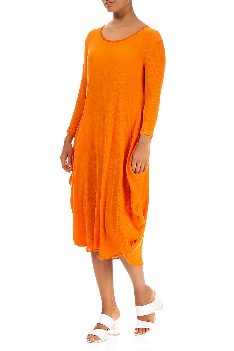 Draped Crinkled Neon Orange Silk Viscose Dress