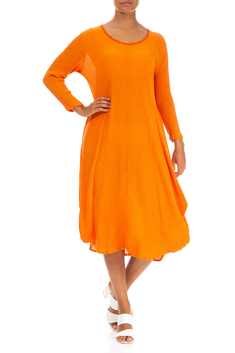 Draped Crinkled Neon Orange Silk Viscose Dress