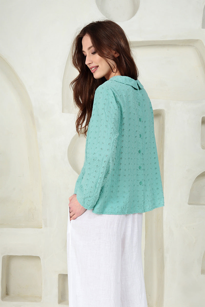 Embroidered Button Back Mint Green Cotton Blouse