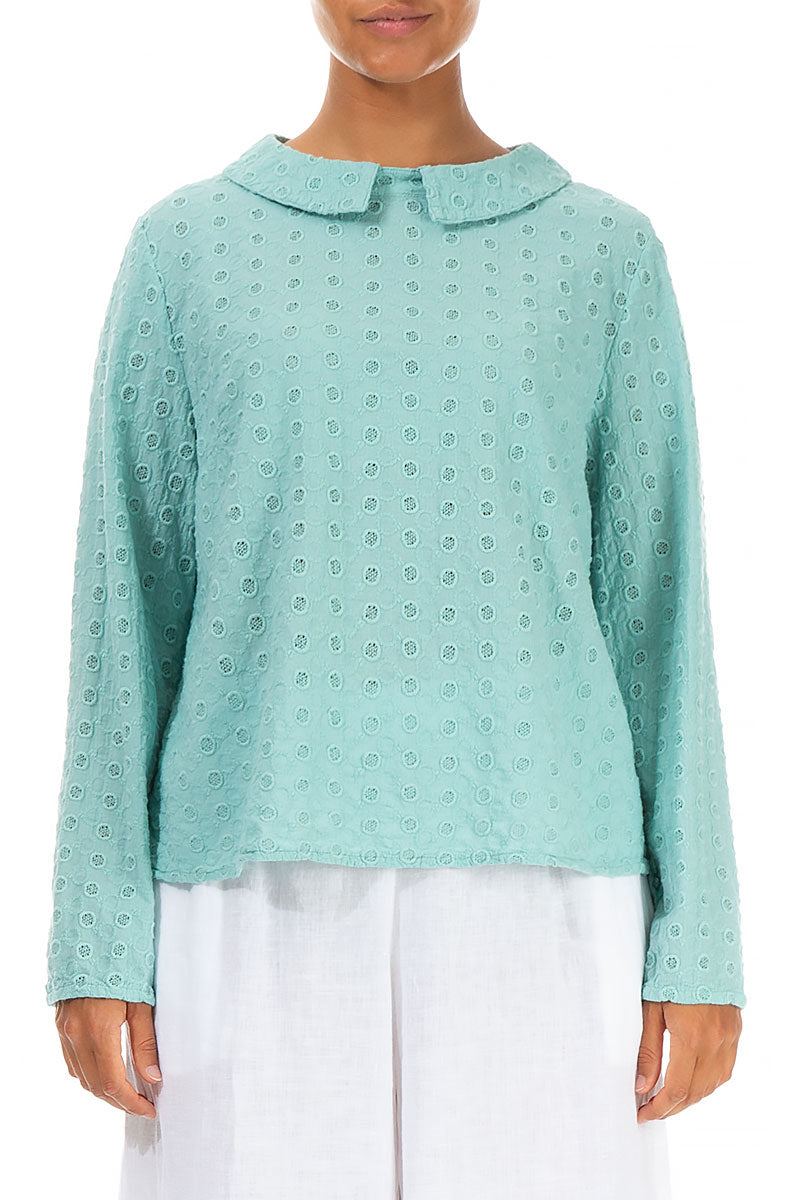 Embroidered Button Back Mint Green Cotton Blouse