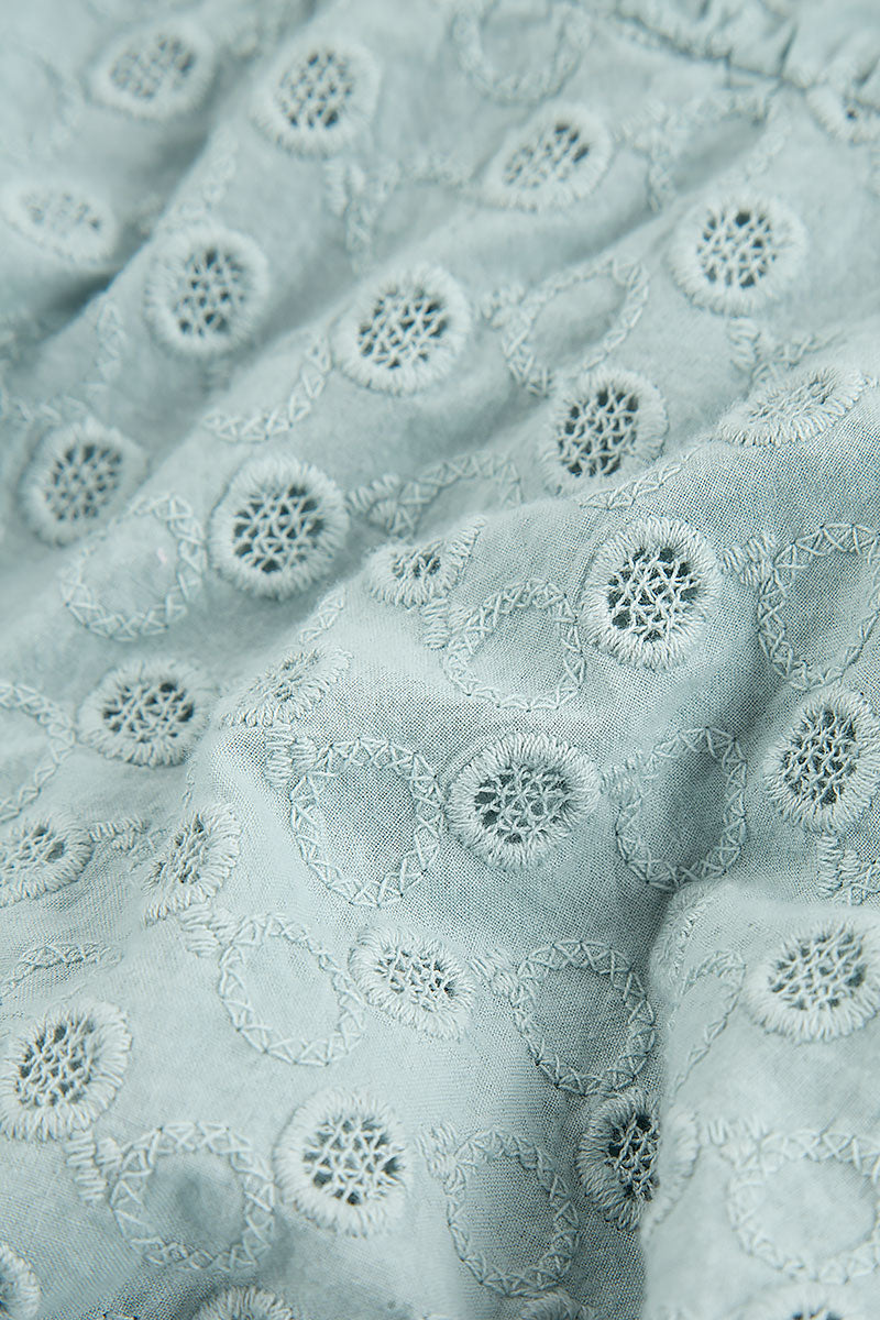 Embroidered Puff Sleeves Cream Grey Cotton Dress