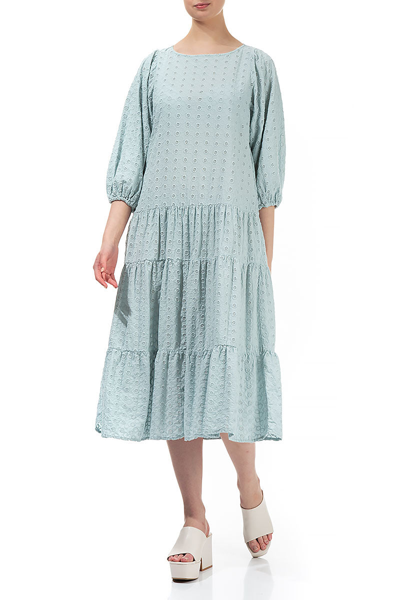 Embroidered Puff Sleeves Cream Grey Cotton Dress